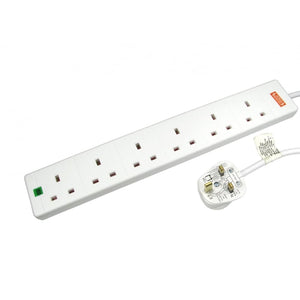 5m 6 Gang Surge Protected LED Indicator UK Mains Extension - White