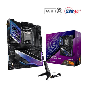 ASRock X870E NOVA WIFI PHANTOM GAMING AMD AM5 Socket Motherboard, ATX, 4x DDR5 Slots, 5x M.2 Sockets, 3x USB-C Port, Fitted I/O Shield, 5GbE LAN, Wi-Fi 7, 1x HDMI Port / 2x USB-C (USB4)