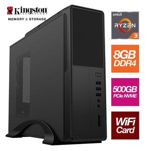 AMD Ryzen 3 3200G 4 Core 8 Threads 3.60GHz (4.00GHz Boost) 8GB Kingston DDR4 RAM, 500GB Kingston NVMe WiFi , - Small Form Factor Case - Pre-Built System